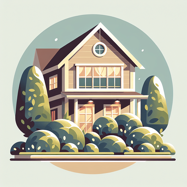 well-lit home exterior with trimmed bushes