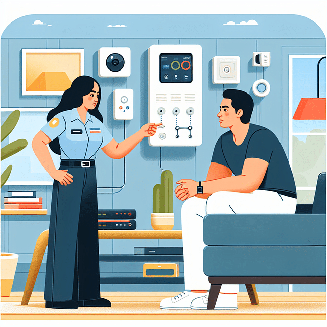 technician demonstrating security system to homeowner