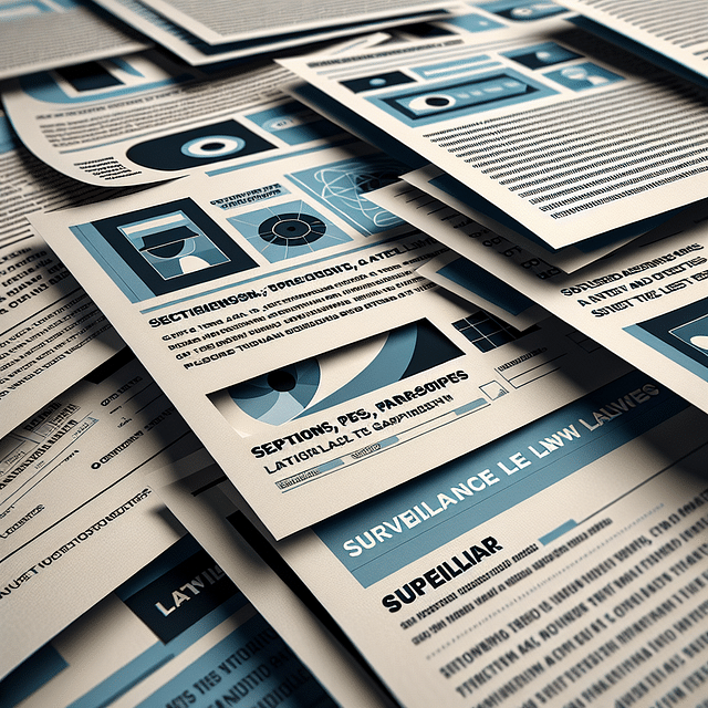 close-up of legal documents with titles related to surveillance laws