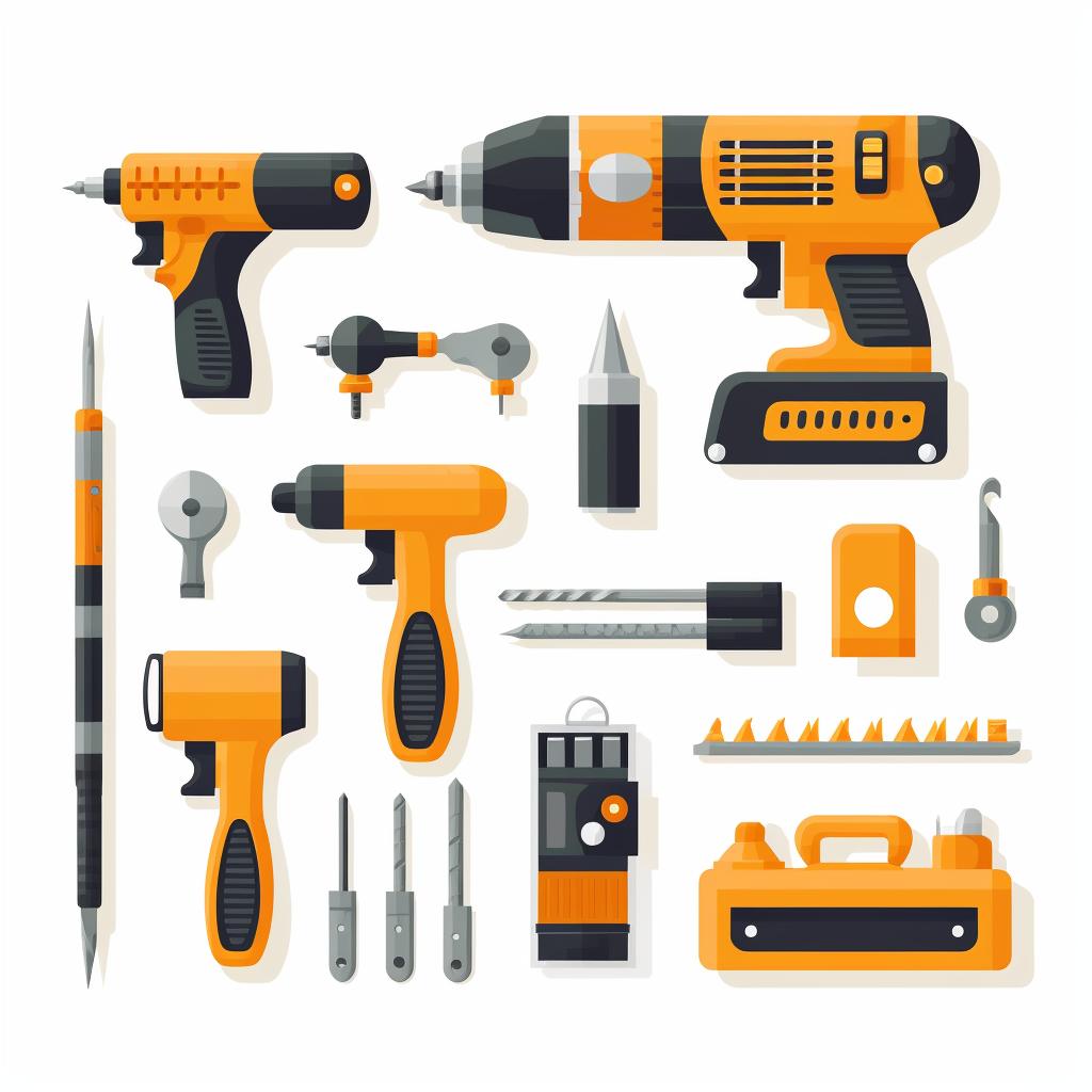 A set of tools including a drill, screwdriver, level, and hacksaw.