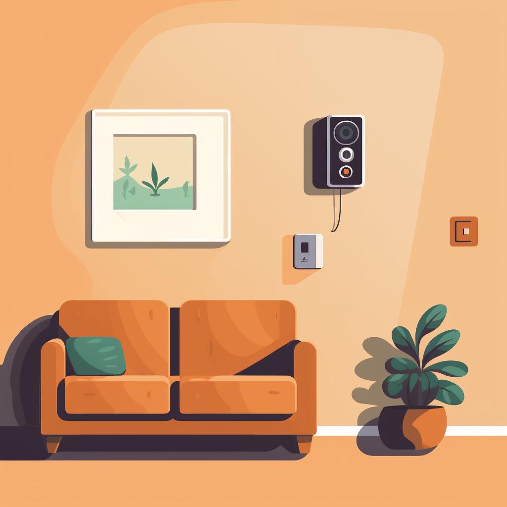 A motion detector mounted on a living room wall
